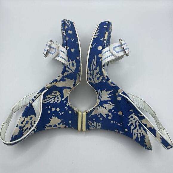 Christian Dior Size 6.5 Canvas Sandals Blue White Printed Wedge Heel Open Toe - Picture 6 of 10
